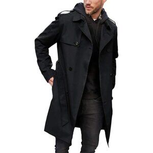 🆕 Men Black Double Breasted Long Jacket Notched Lapel Belt Fall Trench Coat Fit